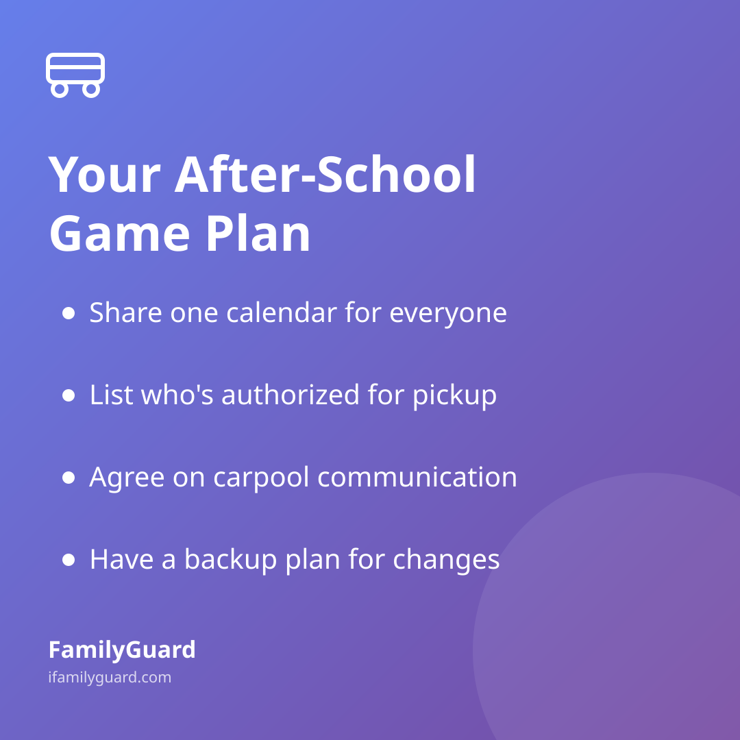 A purple gradient card titled "Your After-School Game Plan" with a bus icon and four bulleted takeaways: share one calendar, list who's authorized for pickup, agree on carpool communication, and have a backup plan for changes.