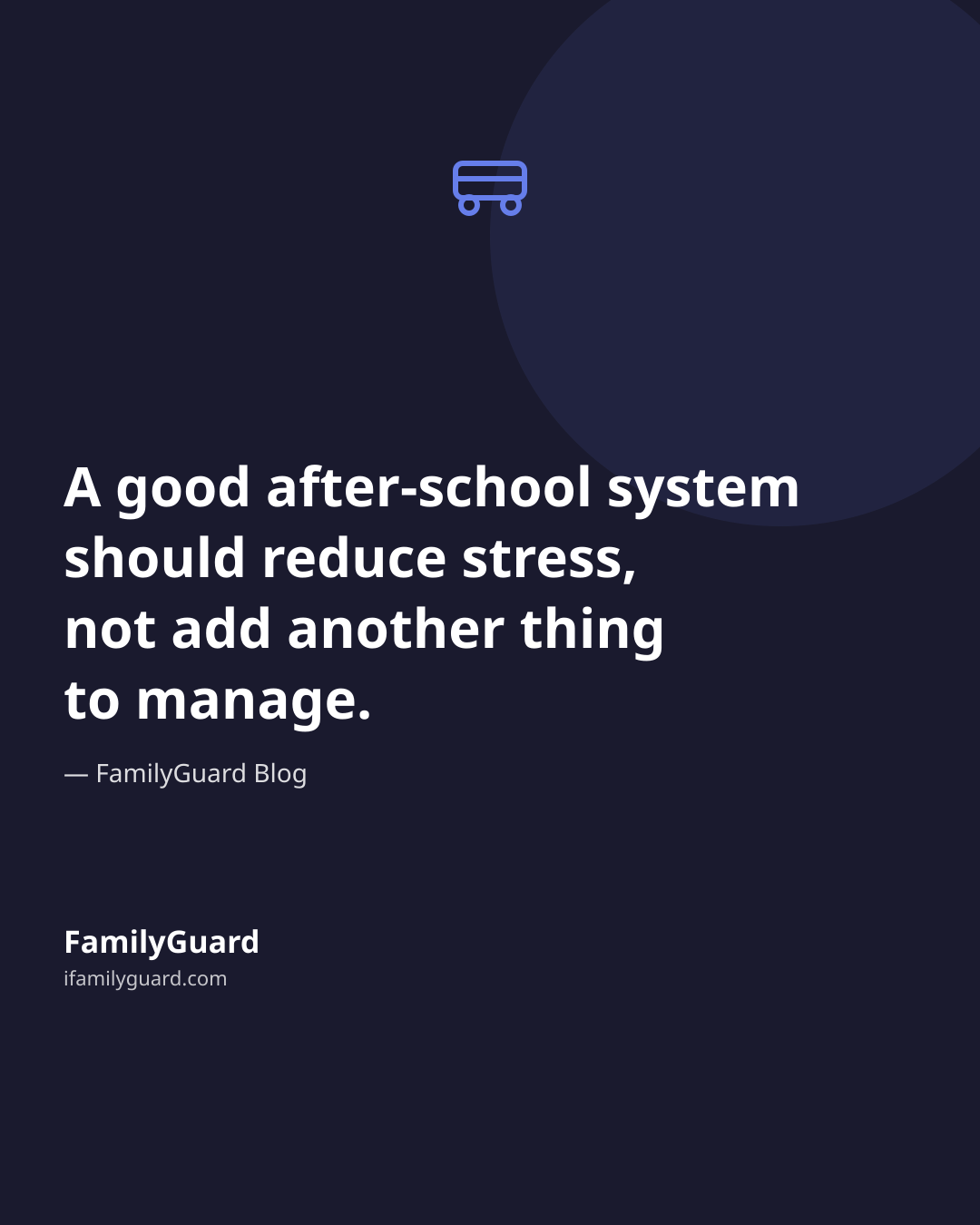 A dark navy quote card with a small bus icon, the quote "A good after-school system should reduce stress, not add another thing to manage." attributed to the FamilyGuard Blog.