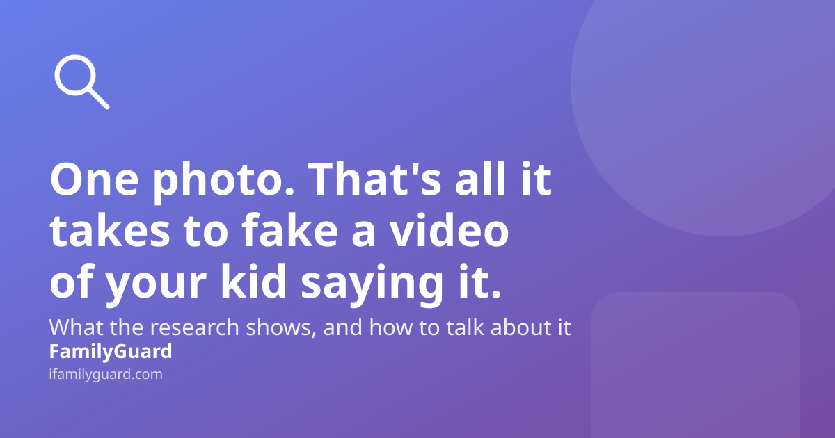 Headline card reading "One photo. That's all it takes to fake a video of your kid saying anything." with a magnifying-glass icon and FamilyGuard brand strip on a purple gradient background