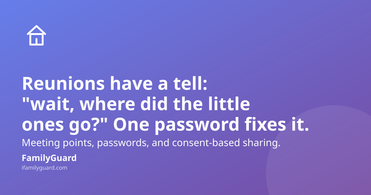 Purple-to-violet gradient card with a line-drawn house icon and the headline "Reunions have a tell: 'wait, where did the little ones go?' One password fixes it." above a subline about meeting points, passwords, and consent-based sharing, with FamilyGuard branding at the bottom.