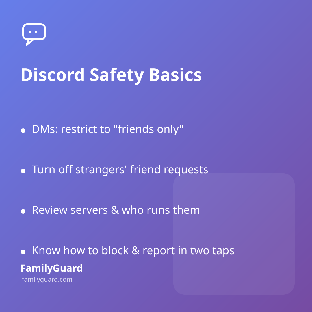 Gradient card titled "Discord Safety Basics" with four bulleted safety takeaways and a chat bubble icon