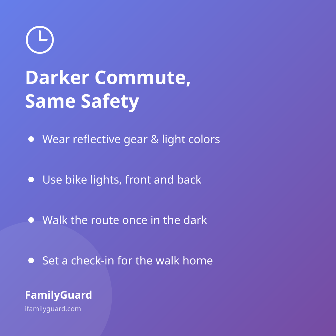 Gradient purple card titled "Darker Commute, Same Safety" with four bulleted takeaways about reflective gear, bike lights, walking the route early, and check-ins