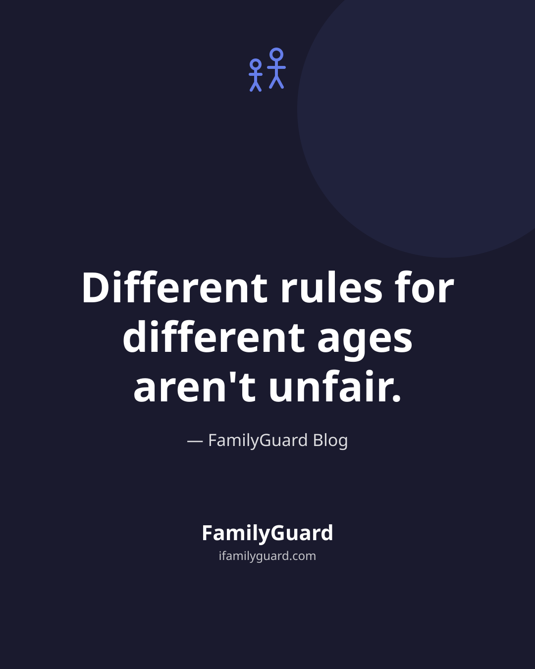 Dark quote card reading "Different rules for different ages aren't unfair" attributed to FamilyGuard Blog, with a small sibling icon above the quote