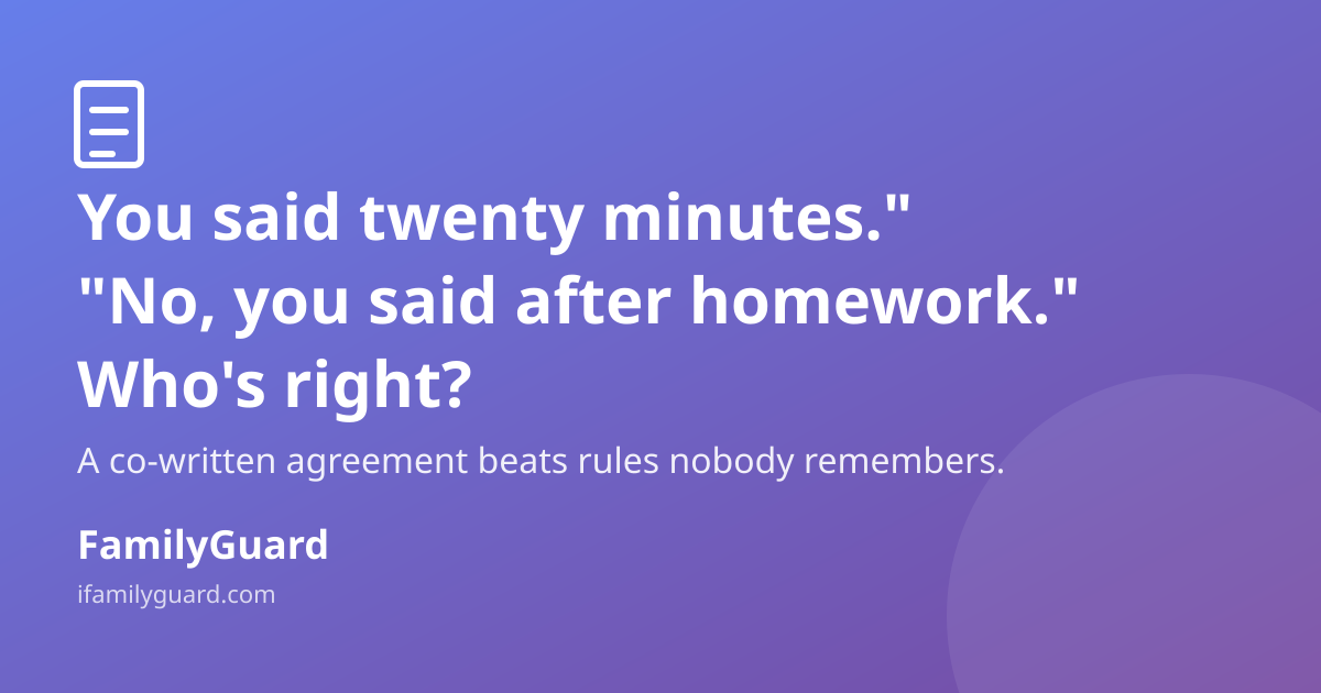Dark purple-to-violet gradient card with a hand-drawn notepad icon top-left, three-line bold white headline reading a parent-child disagreement about screen time rules, a supporting line about written agreements, and the FamilyGuard logo at the bottom.