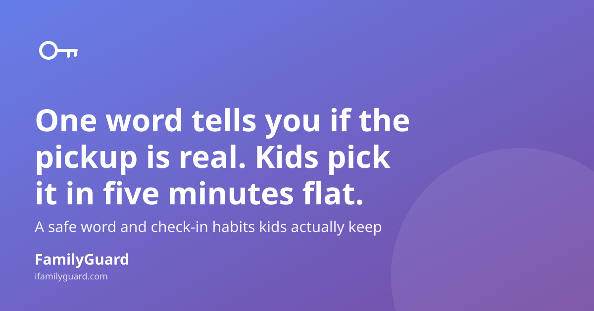 Gradient purple card with a drawn key icon, headline "One word tells you if the pickup is real. Kids pick it in five minutes flat.", a supporting line about safe words and check-in habits, and the FamilyGuard brand footer.