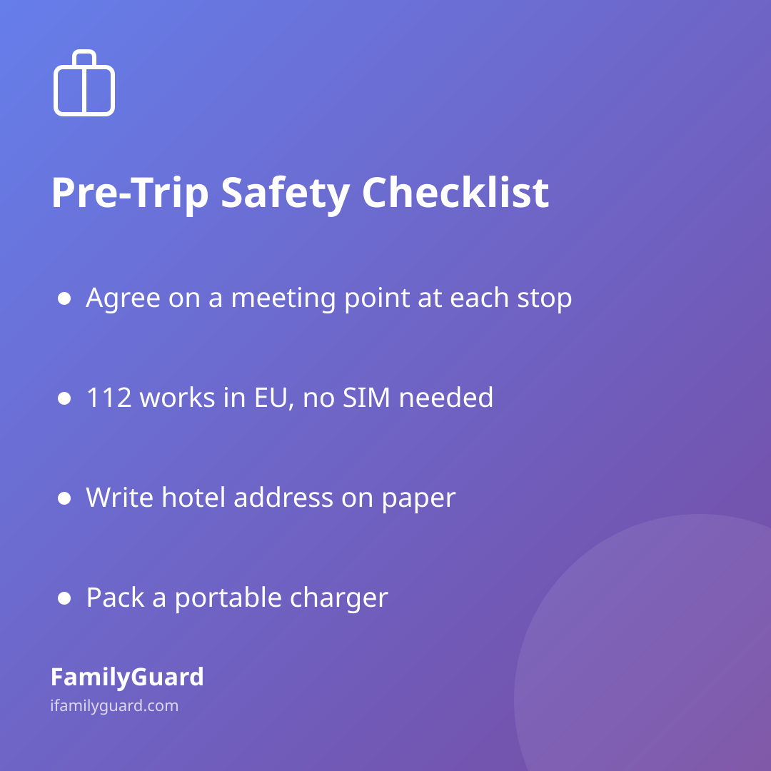 Gradient card titled "Pre-Trip Safety Checklist" with four bulleted travel-safety takeaways and the FamilyGuard brand mark.