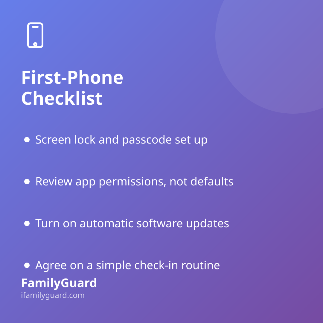 Purple gradient card titled "First-Phone Checklist" listing four setup steps: screen lock and passcode, reviewing app permissions, automatic software updates, and a simple check-in routine, each marked with a bullet dot.