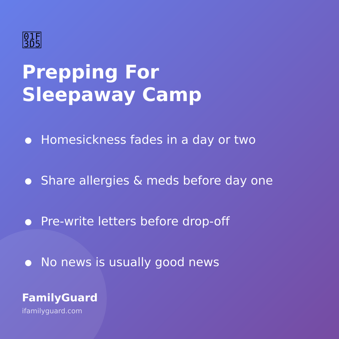 Purple gradient card titled "Prepping For Sleepaway Camp" listing four bulleted takeaways: homesickness fades in a day or two, share allergies and meds before day one, pre-write letters before drop-off, and no news is usually good news.