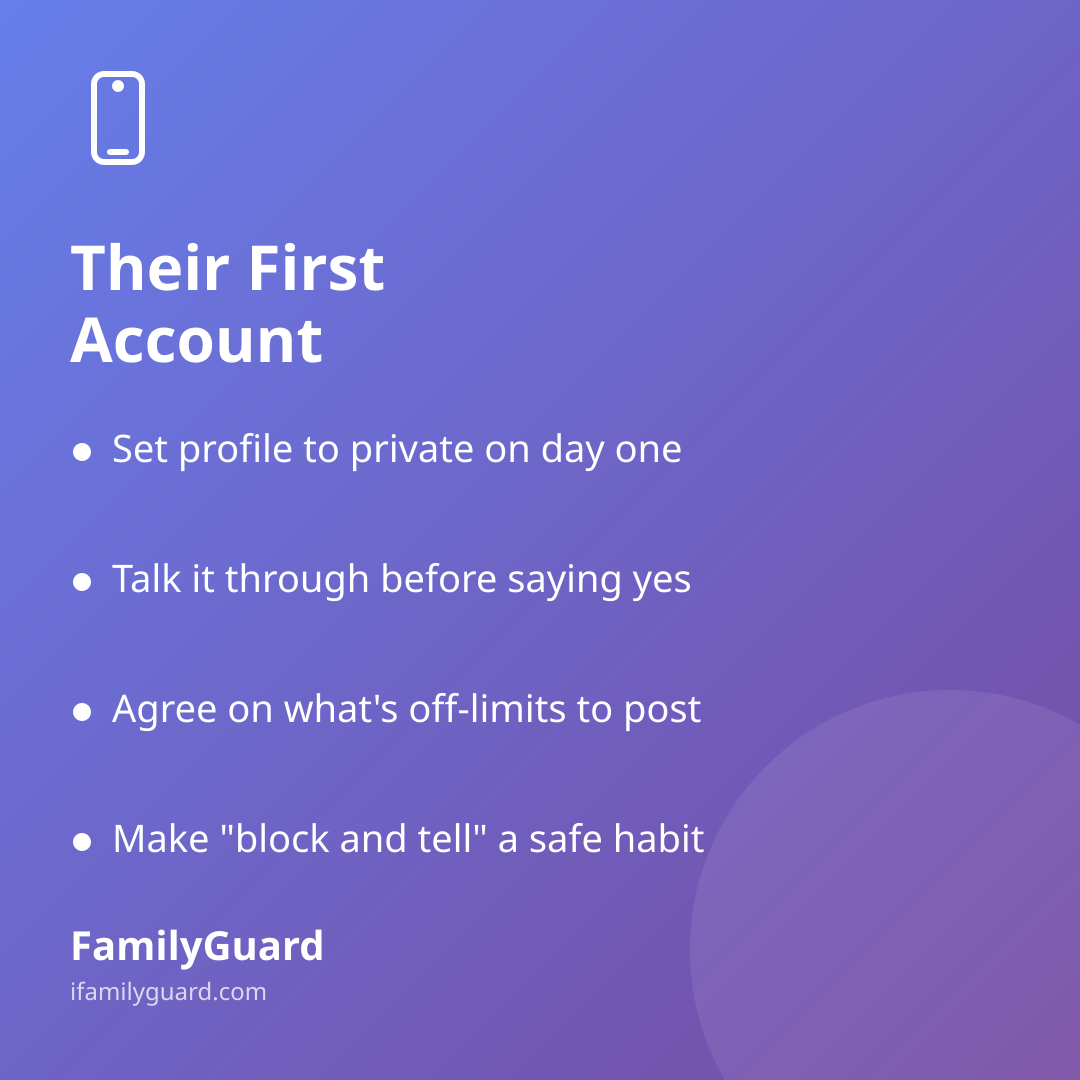 FamilyGuard card titled "Their First Account" with four bulleted tips: set profile to private on day one, talk it through before saying yes, agree on what's off-limits to post, and make block-and-tell a safe habit, on a purple gradient background.