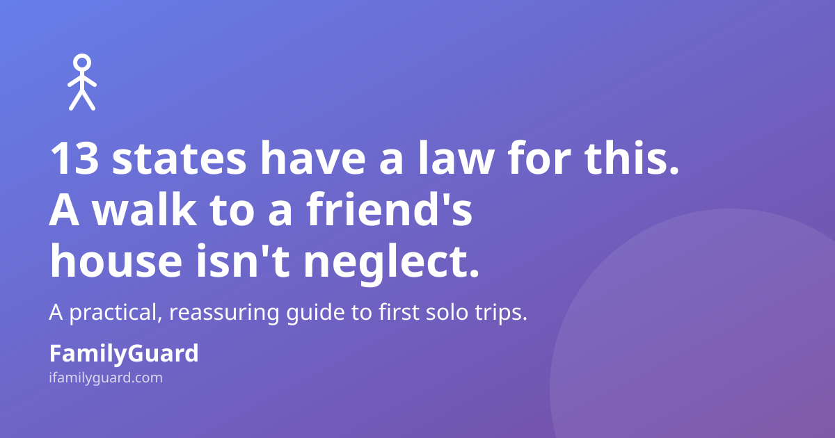 FamilyGuard social card: headline "13 states have a law for this. A walk to a friend's house isn't neglect." over a purple gradient, with a simple line-drawn icon of a child walking and the FamilyGuard logo at the bottom.