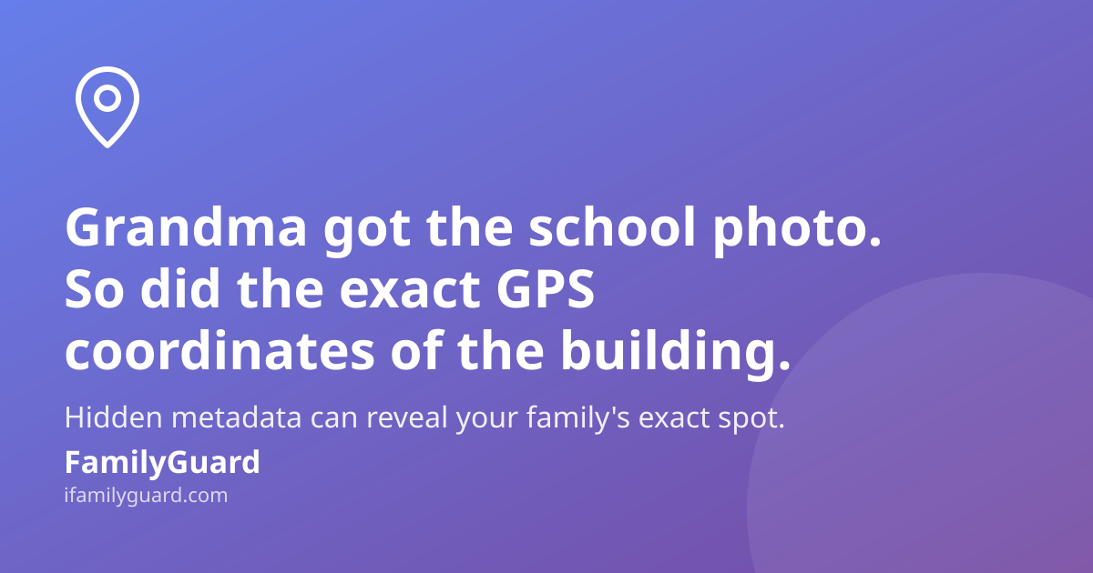 Gradient card with a hand-drawn location pin icon and headline: Grandma got the school photo, so did the exact GPS coordinates of the building, above a line about hidden metadata and the FamilyGuard brand footer.