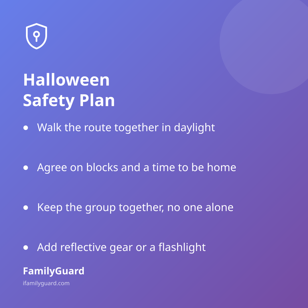 Purple gradient card titled "Halloween Safety Plan" listing four bullet-pointed takeaways for a safer trick-or-treat night, with the FamilyGuard logo at the bottom.