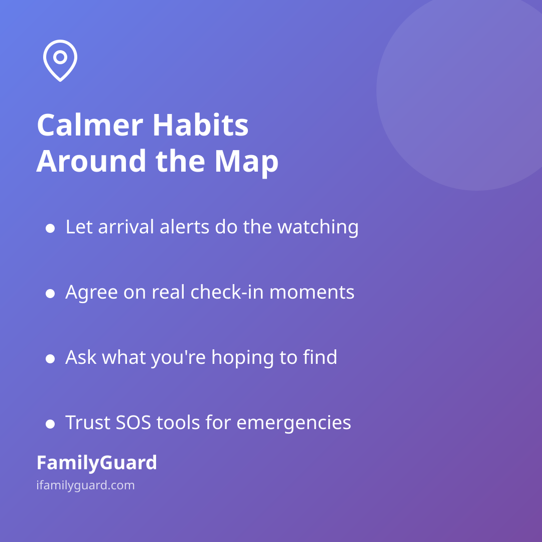 Gradient card titled "Calmer Habits Around the Map" listing four bulleted takeaways: let arrival alerts do the watching, agree on real check-in moments, ask what you're hoping to find, and trust SOS tools for emergencies.