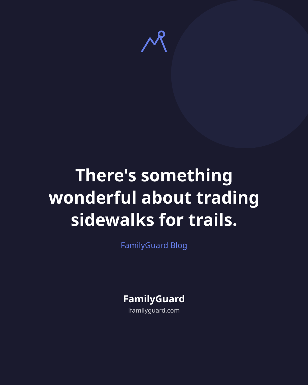 Dark navy quote card with a drawn mountain-and-sun icon above the centered line "There's something wonderful about trading sidewalks for trails as a family," attributed to FamilyGuard Blog, with the brand footer below.