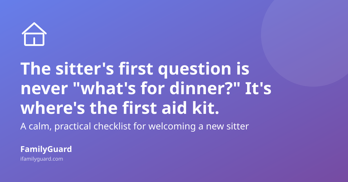 Gradient card reading "The sitter's first question is never 'what's for dinner?' It's where's the first aid kit." with a subline about a sitter checklist and the FamilyGuard brand mark, a simple house icon top-left.