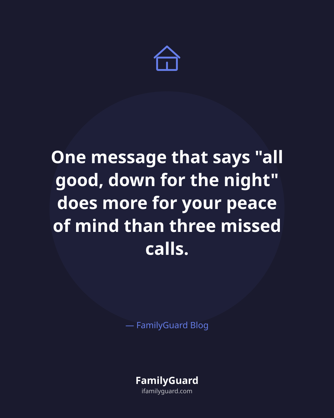 Dark quote card centered on "One message that says 'all good, down for the night' does more for your peace of mind than three missed calls." with a house icon above and the FamilyGuard Blog attribution and brand mark below.