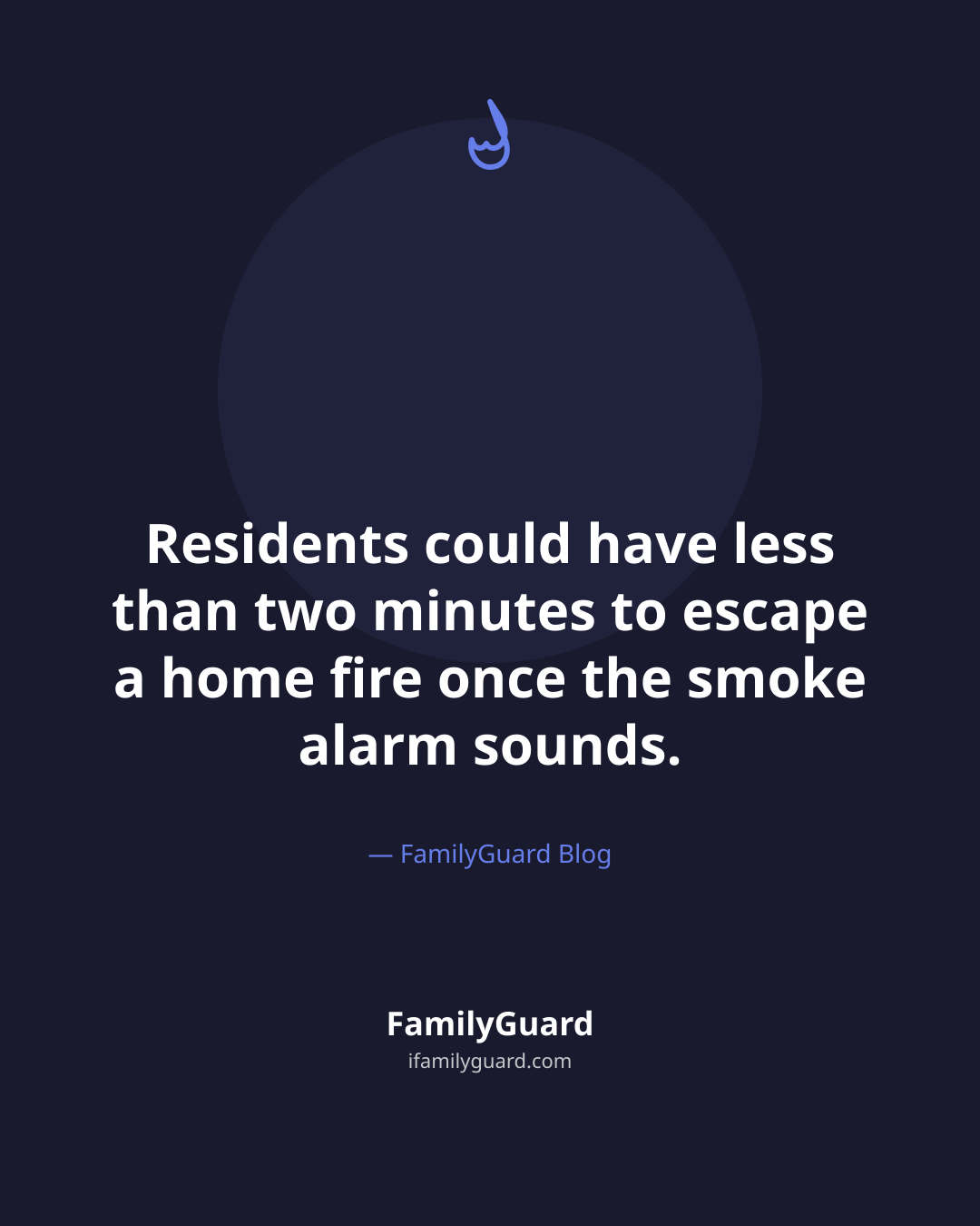 Dark navy quote card with a small violet flame icon above the centered quote "Residents could have less than two minutes to escape a home fire once the smoke alarm sounds," attributed to the FamilyGuard Blog, with the FamilyGuard brand mark at the bottom.