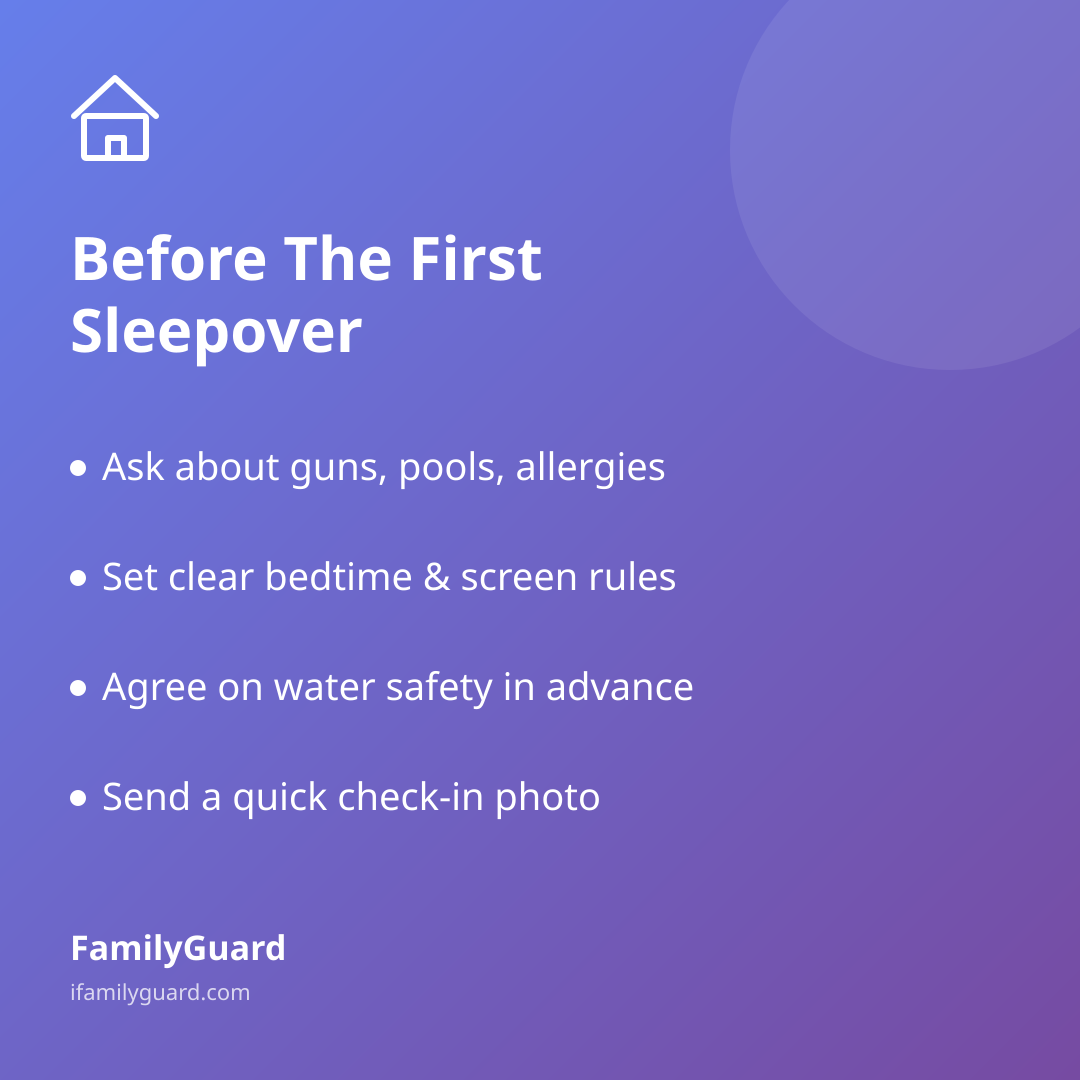 Gradient purple square card titled "Before The First Sleepover" listing four bulleted takeaways about guns, screen rules, water safety, and check-in photos.