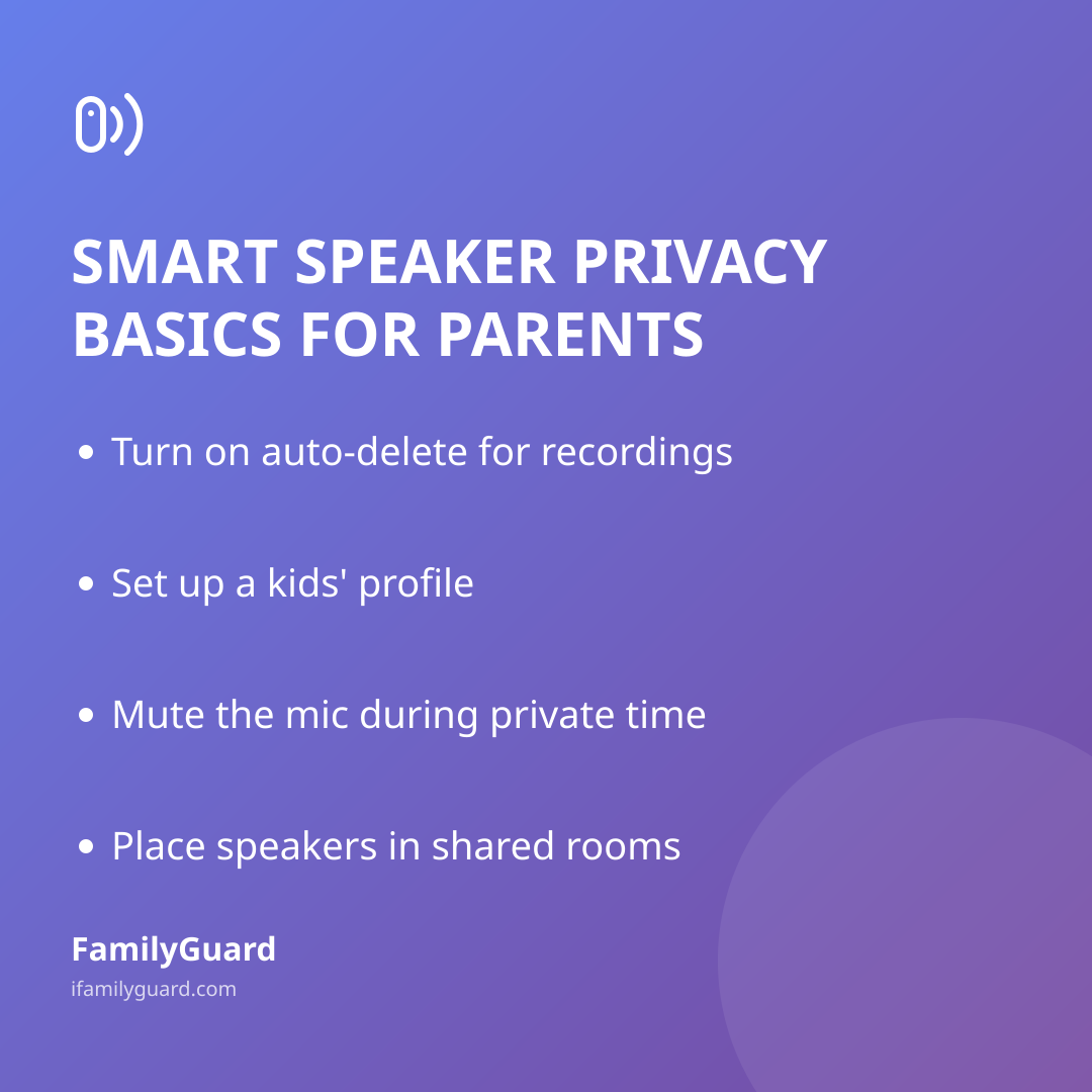 Purple gradient card titled "Alexa & Kids: Quick Settings" listing four bulleted tips: auto-delete recordings, kids' profile, disable voice purchasing, use the mic mute button