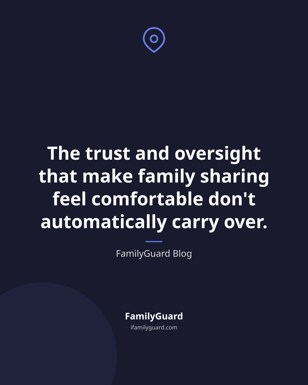 Dark navy quote card with a map-pin icon and the line "The trust and oversight that make family sharing feel comfortable don't automatically carry over," attributed to FamilyGuard Blog