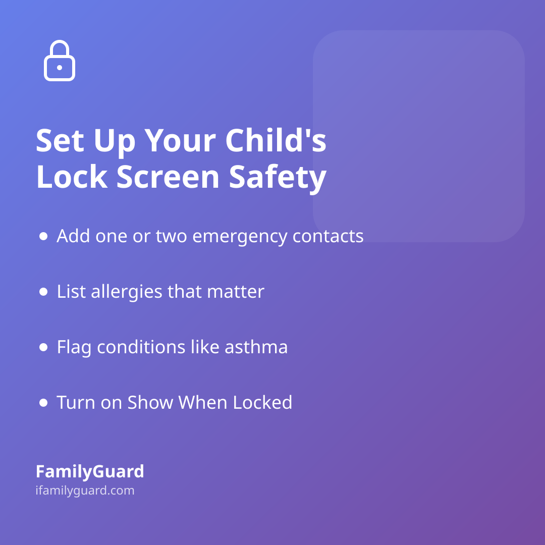 A gradient purple-to-violet square card with a lock icon, the heading "Set Up Your Child's Lock Screen Safety", four bulleted takeaways about emergency contacts, allergies, conditions and the Show When Locked setting, and the FamilyGuard brand mark.