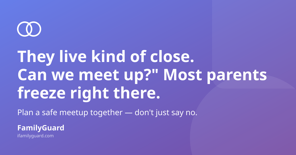 "They live kind of close. Can we meet up?" Most parents freeze right there — headline card for a FamilyGuard article on planning safe in-person meetups with online friends, purple-to-violet gradient background
