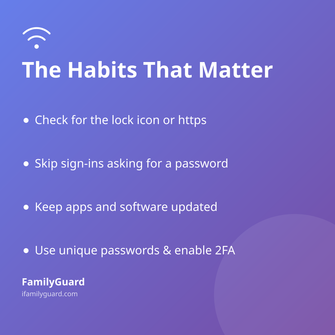 Purple gradient card titled "The Habits That Matter" with four bulleted Wi-Fi safety tips and the FamilyGuard logo.