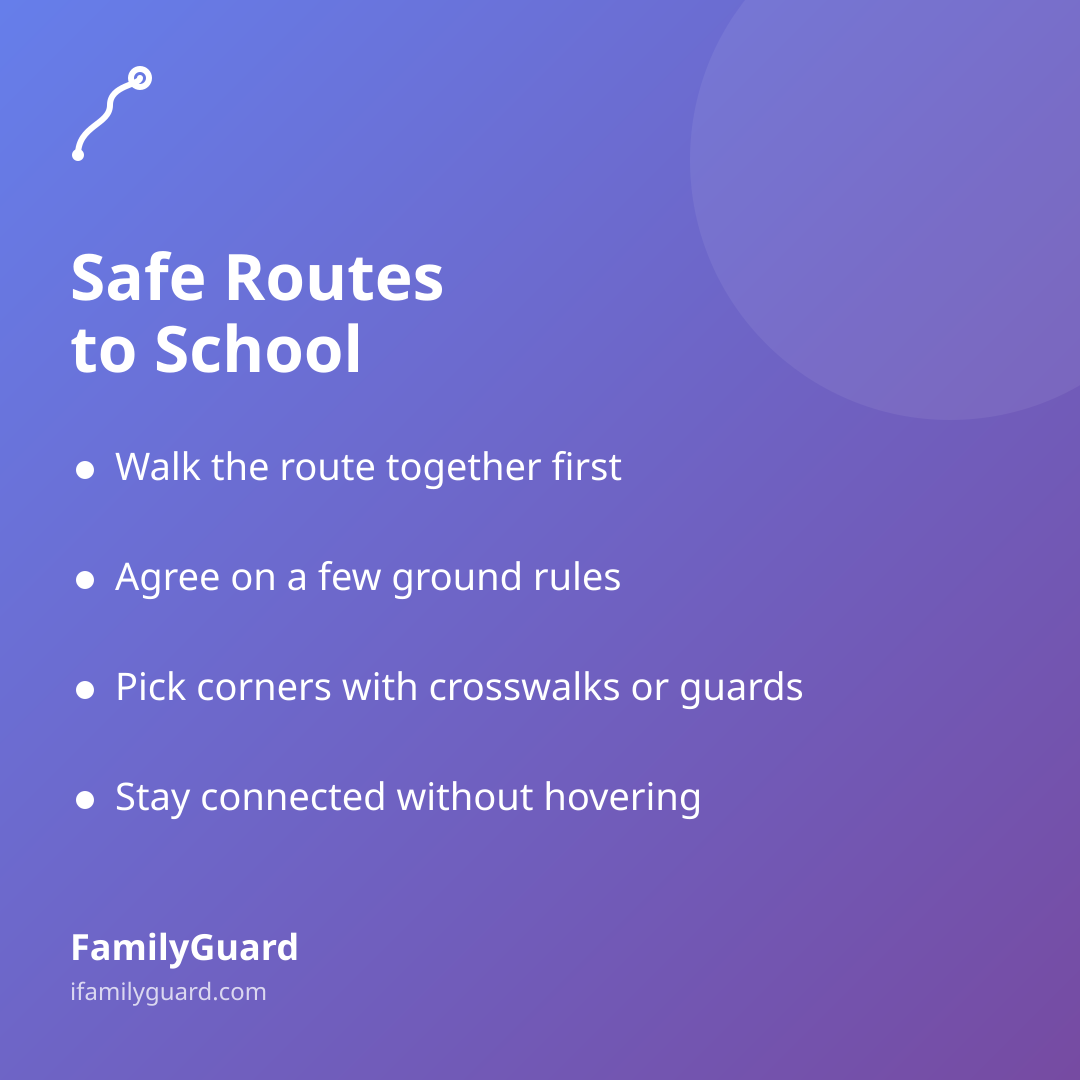 Purple gradient card titled "Safe Routes to School" with a winding-route icon and four bulleted takeaways: walk the route together first, agree on a few ground rules, pick corners with crosswalks or guards, and stay connected without hovering.