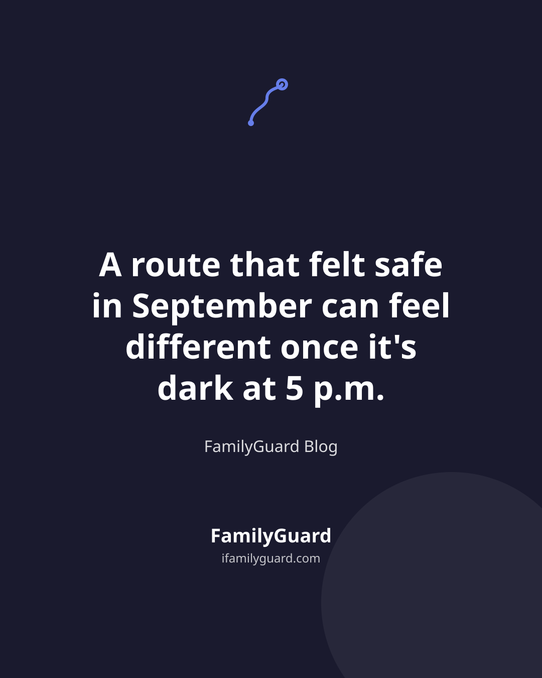 Dark navy quote card with a small purple route icon above the centered line "A route that felt safe in September can feel different once it's dark at 5 p.m.", attributed to FamilyGuard Blog, with the FamilyGuard brand mark at the bottom.