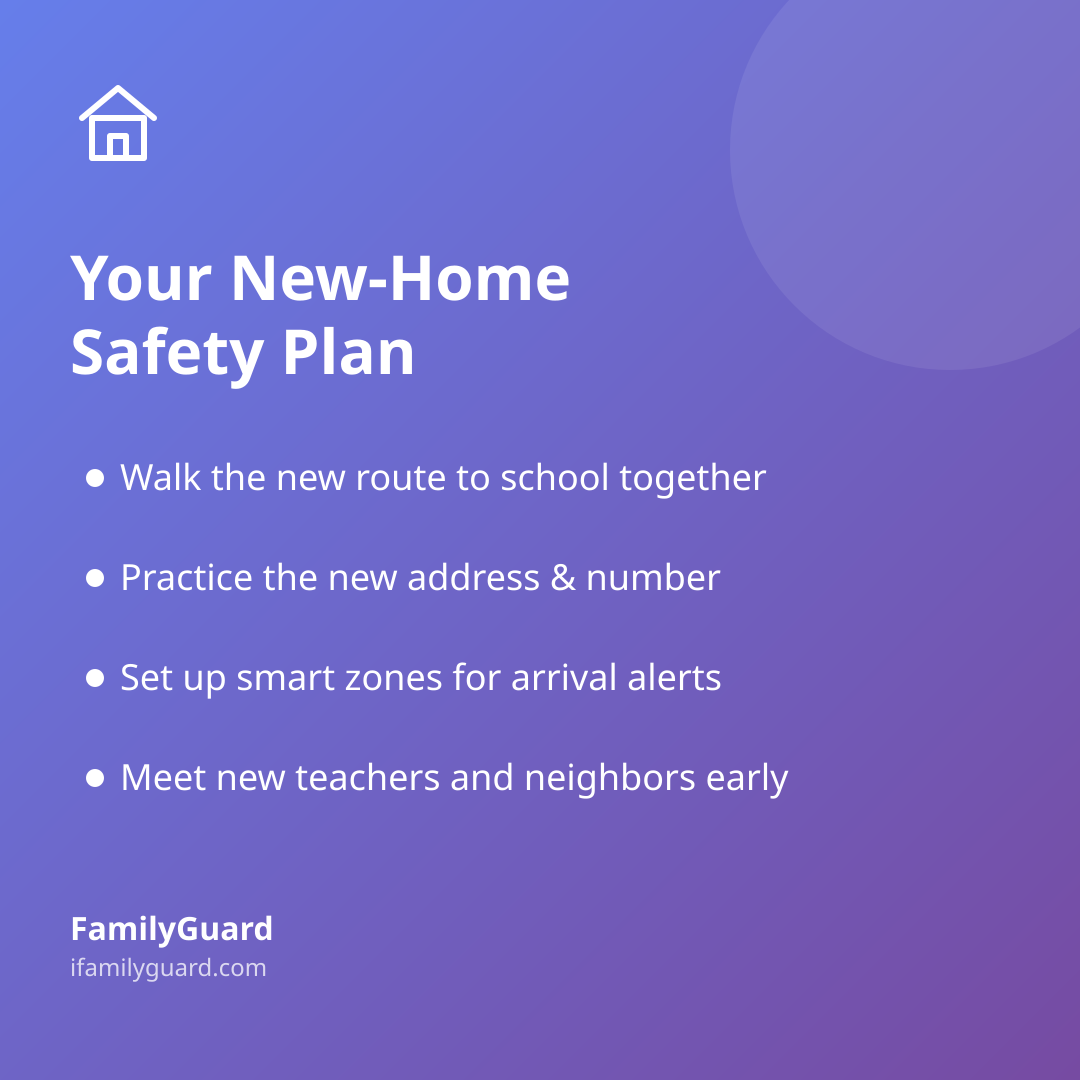 Square card titled "Your New-Home Safety Plan" with four bulleted takeaways about walking the route, practicing the address, smart zone alerts, and meeting neighbors