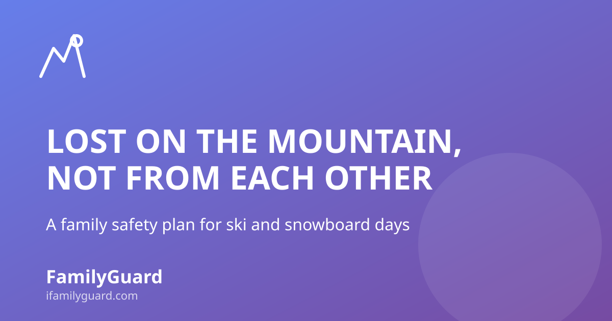 Headline card reading "Lost on the Mountain, Not From Each Other" over a purple gradient with a small mountain icon and the FamilyGuard brand mark