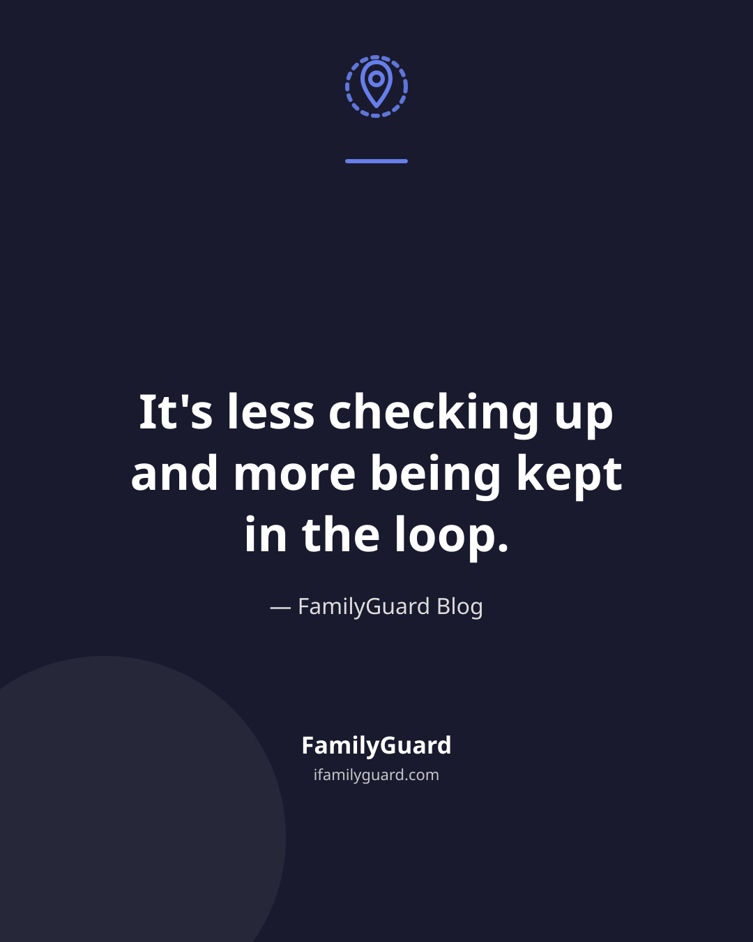 Dark navy quote card with a small location-pin icon and a violet accent bar above the centered quote "It's less checking up and more being kept in the loop," attributed to the FamilyGuard Blog, with the brand mark near the bottom.
