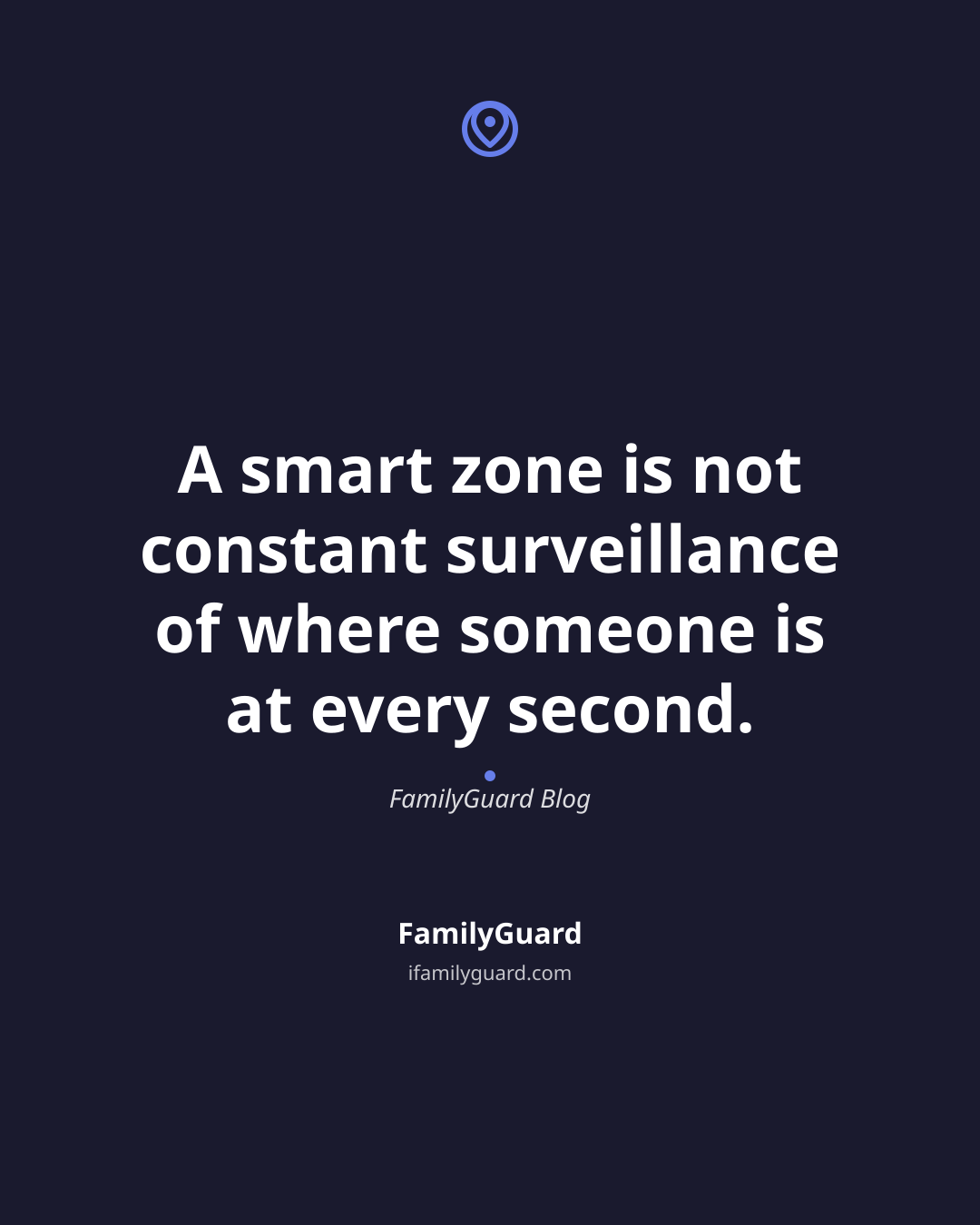 Dark navy tall card with a geofence pin icon, the quote "A smart zone is not constant surveillance of where someone is at every second," attributed to FamilyGuard Blog, with the FamilyGuard brand footer.