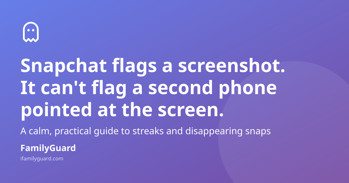 Headline "Snapchat flags a screenshot. It can't flag a second phone pointed at the screen." over a purple gradient with a hand-drawn ghost icon and the FamilyGuard brand mark