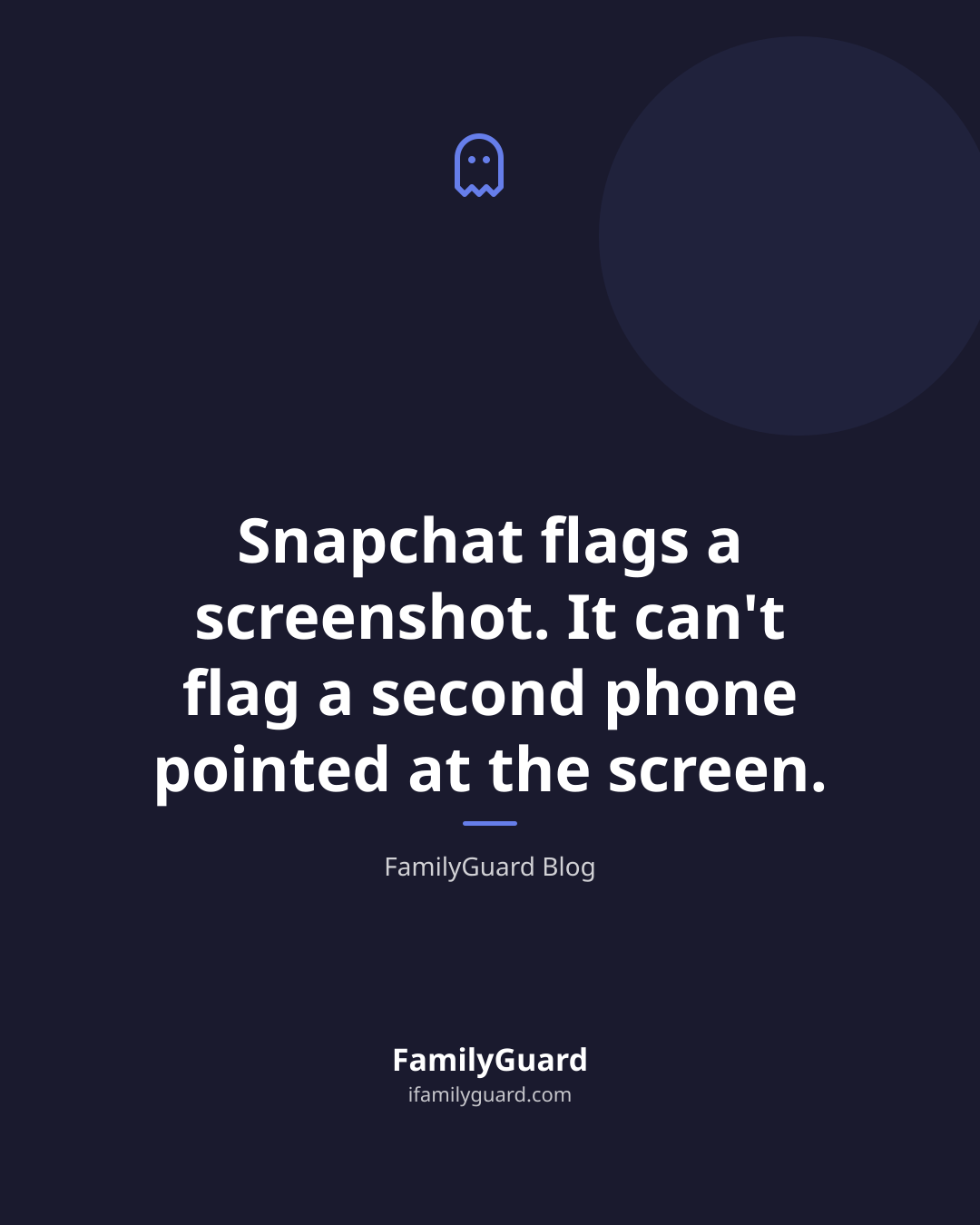 Dark card quoting "Snapchat flags a screenshot. It can't flag a second phone pointed at the screen." above a ghost icon, attributed to FamilyGuard Blog