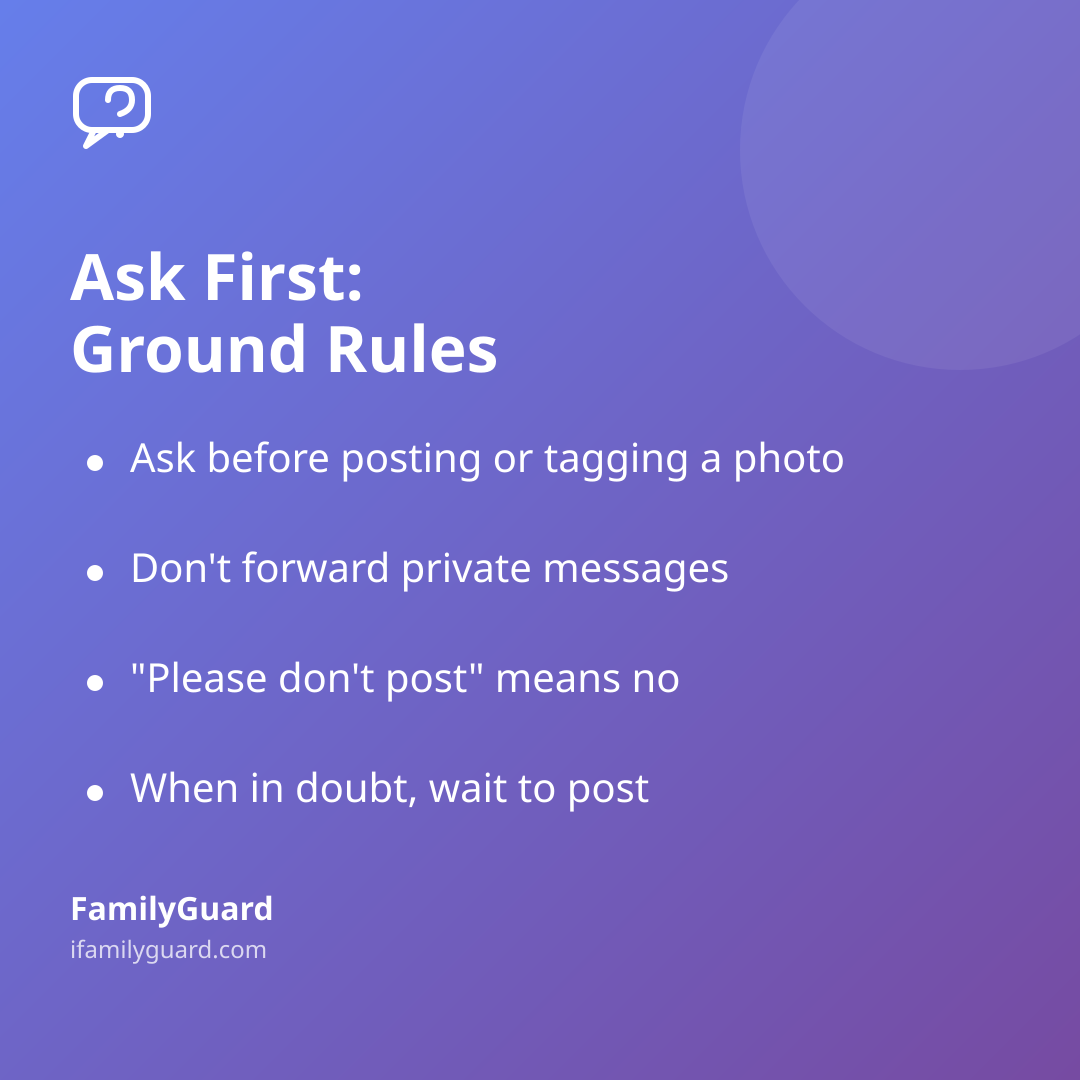 Gradient card titled Ask First: Ground Rules listing four concrete consent habits for families