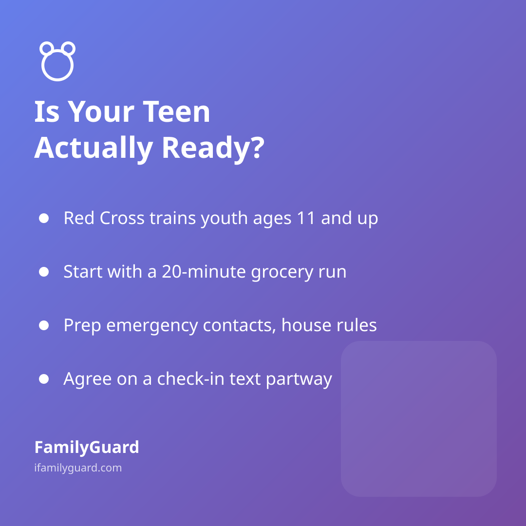 Gradient purple square card headlined "Is Your Teen Actually Ready?" with four bulleted takeaways on Red Cross training age, starting small, prepping beforehand, and agreeing on check-ins, with the FamilyGuard brand mark