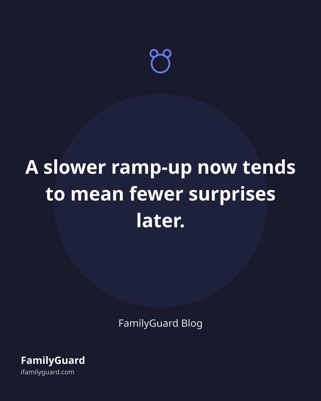 Dark navy quote card with a drawn bear-face icon above the centered quote "A slower ramp-up now tends to mean fewer surprises later.", attributed to FamilyGuard Blog, with the FamilyGuard brand mark