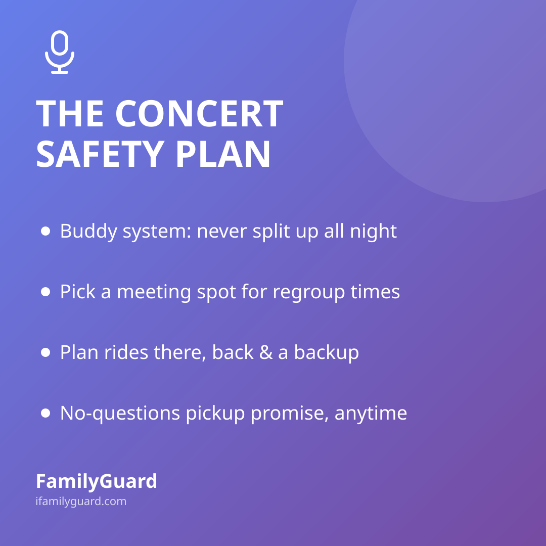 Square gradient card headed "The Concert Safety Plan" listing four bulleted takeaways: buddy system, meeting spot, transportation plan, and no-questions pickup promise