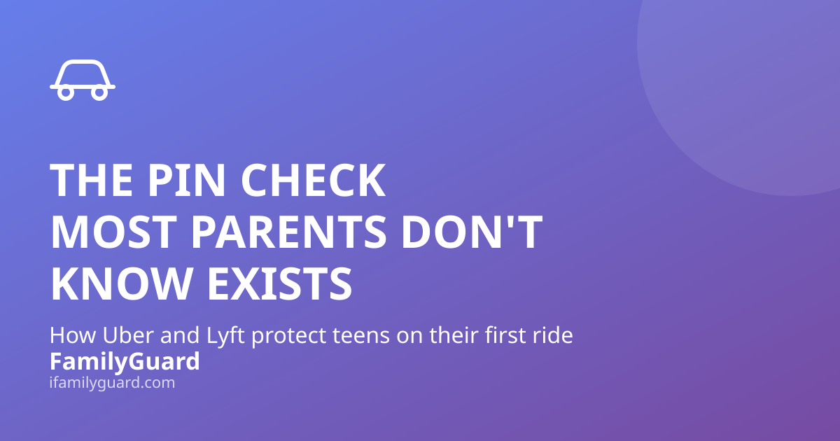 Purple-to-violet gradient card with a hand-drawn car icon, headline "THE PIN CHECK MOST PARENTS DON'T KNOW EXISTS," a subline about Uber and Lyft teen protections, and the FamilyGuard brand mark