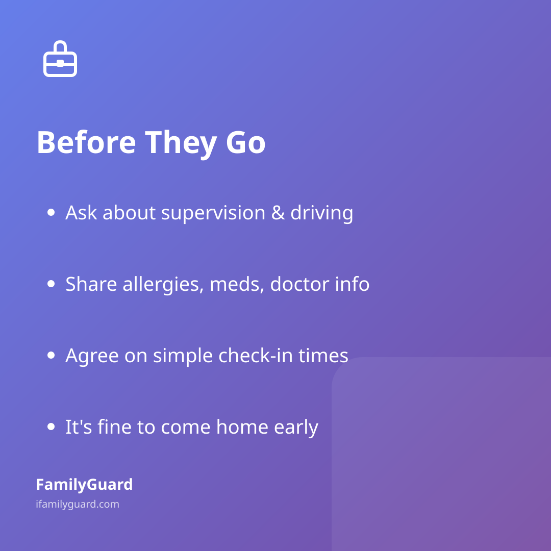 FamilyGuard checklist card titled "Before They Go" listing four trip-prep takeaways with bullet points, suitcase icon, on a purple gradient background