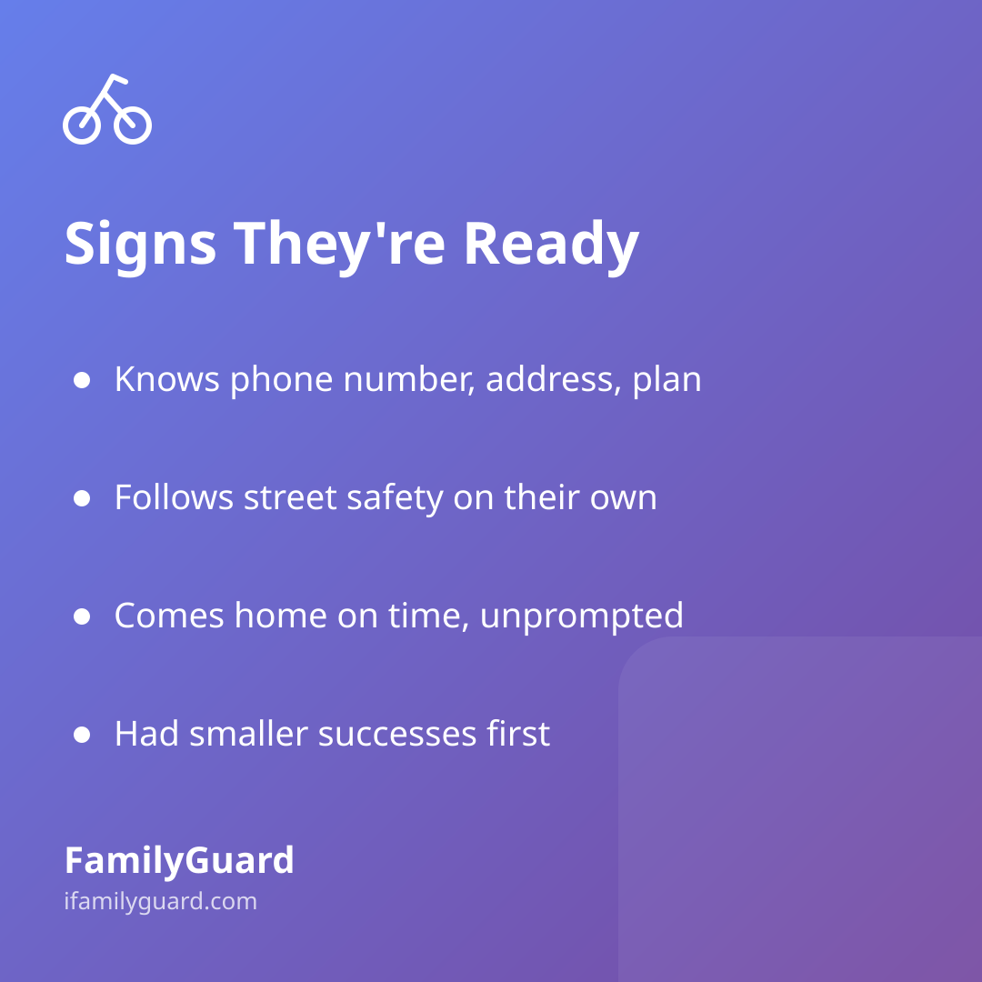Purple-to-violet gradient card titled "Signs They're Ready" listing four bulleted readiness signs for unsupervised outdoor play, with a bicycle icon and the FamilyGuard brand mark.