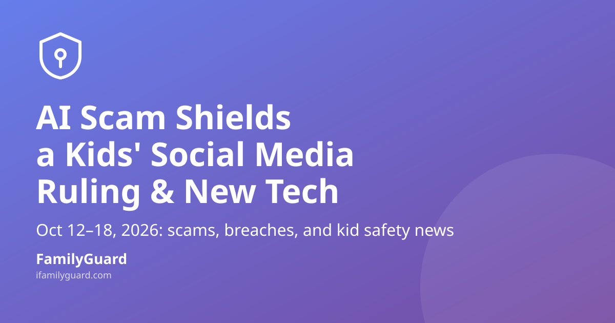 Gradient purple-to-violet share card with a shield-and-pin icon, headline "AI Scam Shields, a Kids' Social Media Ruling & New Tech," a date-range subline, and the FamilyGuard brand footer.