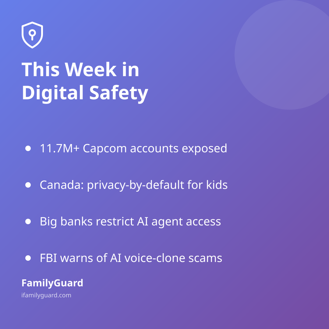 Gradient purple card titled "This Week in Digital Safety" with four bullet takeaways: Capcom breach, Canada's privacy code, banks restricting AI agents, and FBI voice-clone scam warnings.