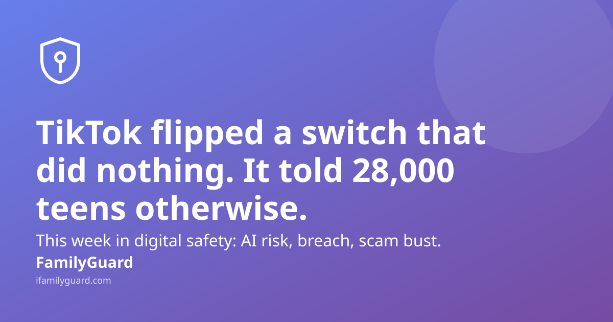 FamilyGuard digital-safety roundup headline card: "TikTok flipped a switch that did nothing. It told 28,000 teens otherwise." on a purple gradient background with a shield-and-pin icon and the FamilyGuard brand mark