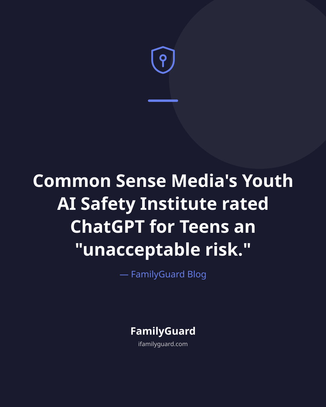 Dark quote card reading "Common Sense Media's Youth AI Safety Institute rated ChatGPT for Teens an 'unacceptable risk.'" attributed to FamilyGuard Blog, with a small shield-and-pin icon and purple accent bar