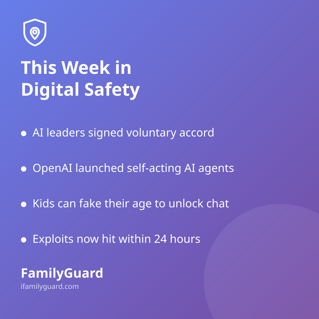 Purple gradient card titled "This Week in Digital Safety" listing four bulleted takeaways about AI agents, game age gaps, and cyber threats, with the FamilyGuard logo at the bottom