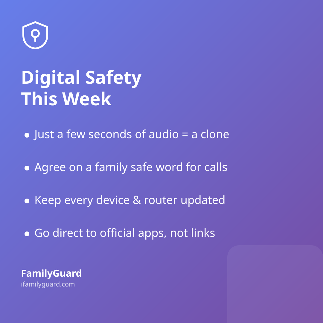 Purple gradient card titled "Digital Safety / This Week" with four bulleted takeaways about voice-cloning scams, family safe words, keeping devices updated, and verifying alerts directly, plus the FamilyGuard brand mark.