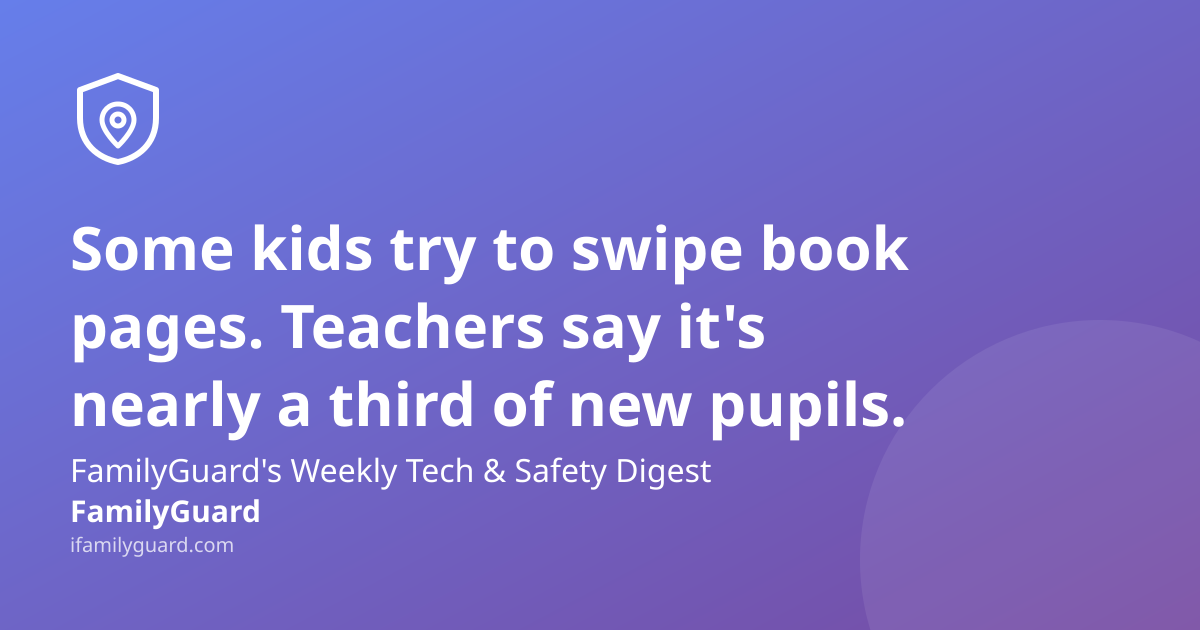 Weekly Tech & Safety Digest headline card with shield-and-pin icon, purple gradient background, and FamilyGuard branding